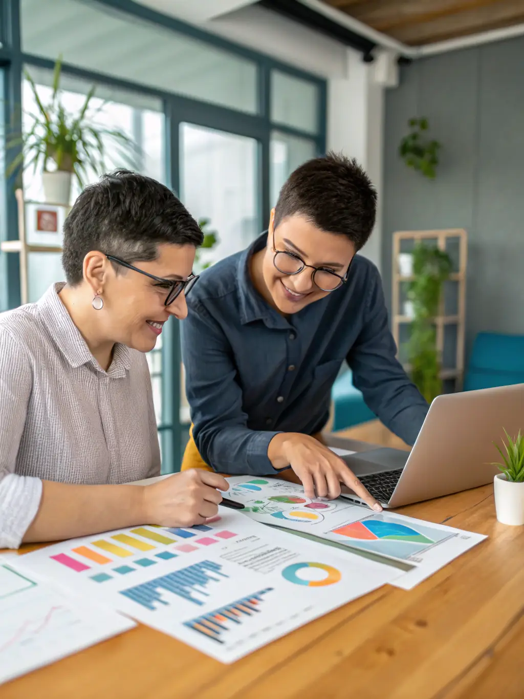 A consultant advising a business owner on financial strategies, with charts and graphs displayed on a screen in the background, symbolizing growth and planning.